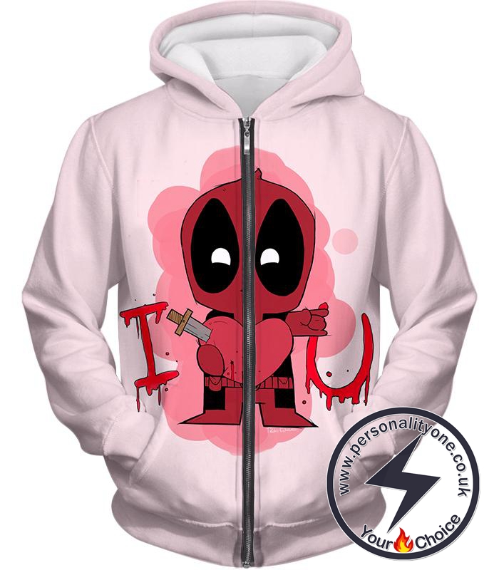 Super Cool Deadpool I Heart U Comical Cute Pink Zip Up Hoodie